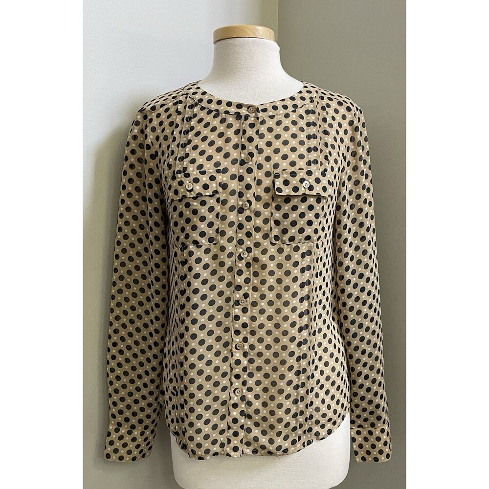Ann Taylor Ladie's Small Sheer Tan With Black and White Polka Dots Blouse